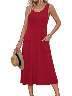 Women's Red Crewneck Midi Summer Sleeveless Tank Dress Beach Casual Sundress